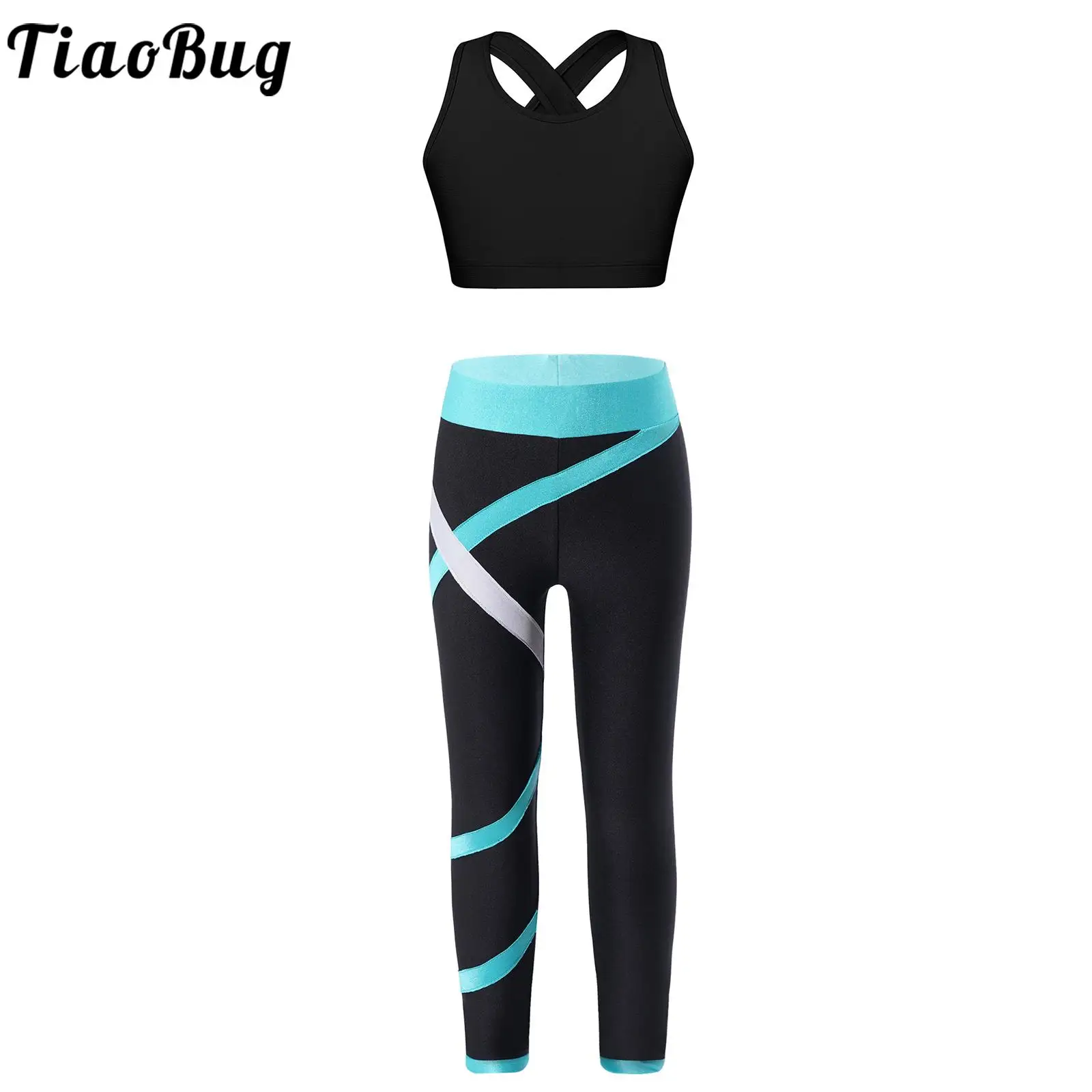 

Kids Girls Sports Gymnastics Workout Outfit Keyhole Back Crop Top with Colorblock Leggings Fitness Ballet Dance Costume Set