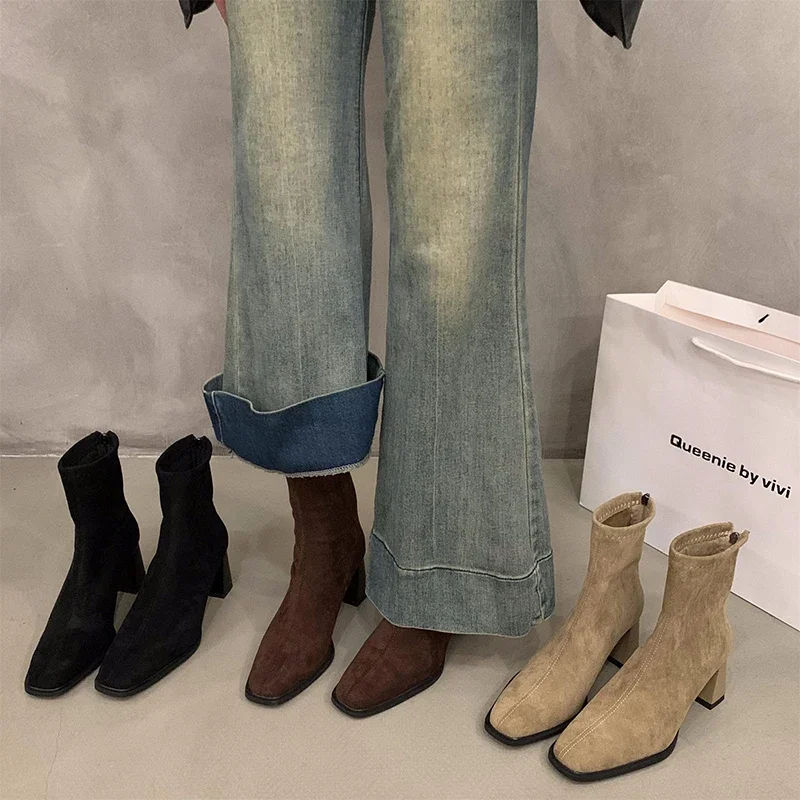 Vintage Suede Women Ankle Boots Fashion Back Zippers Shoes Autumn Winter Thick Heel Ladies Elegant Slim Short Booties