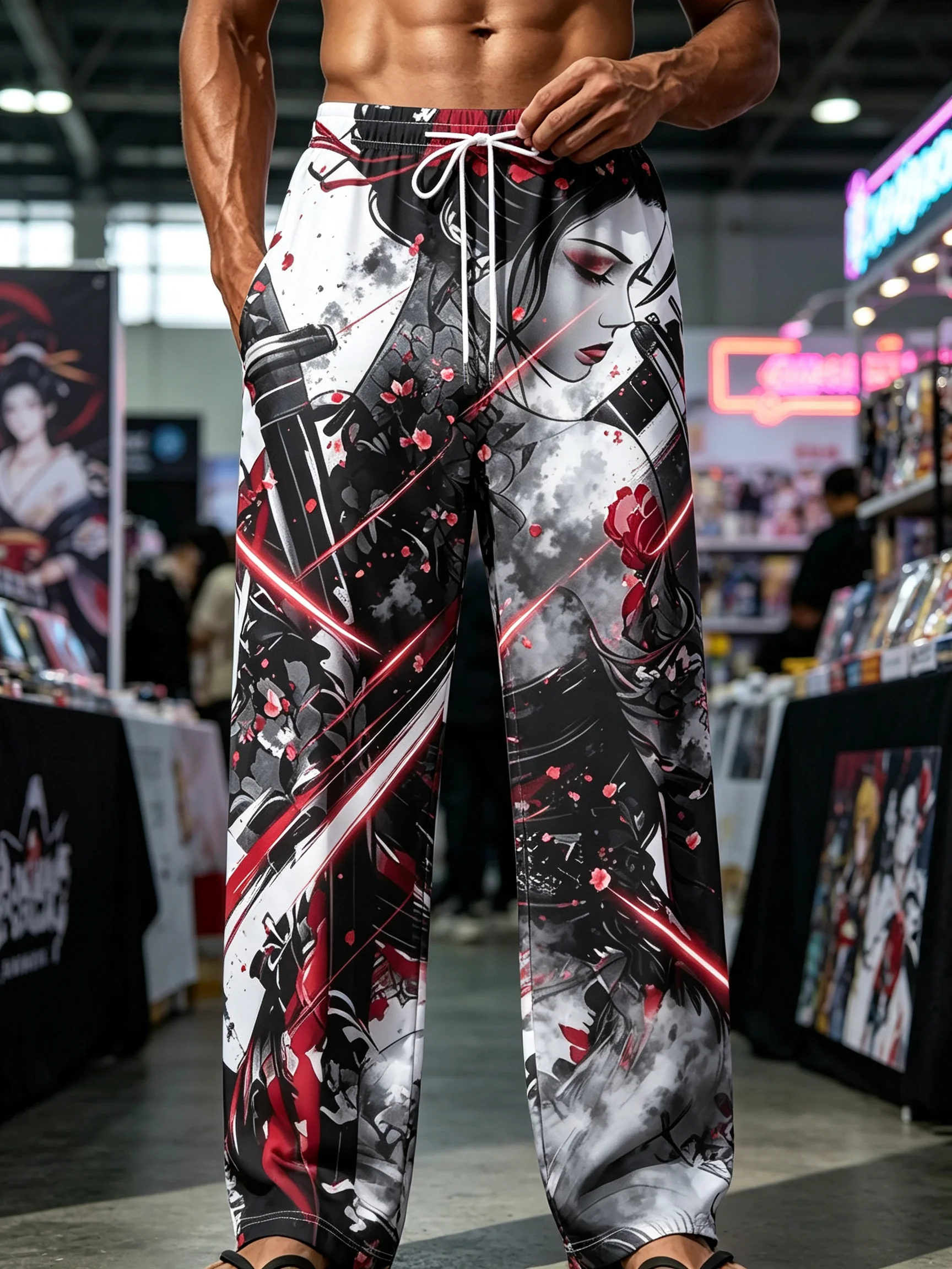 Men Red Black Ink Geisha Samurai Print Silky Drape Pants, Dark Japanese Streetwear, From Comic Cons To Trendy Boutiques