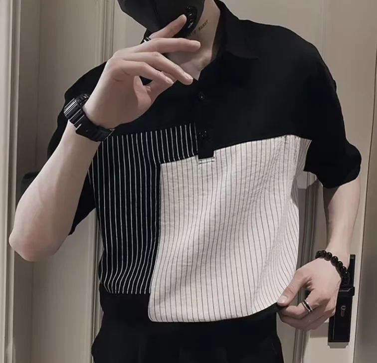 

Striped polo shirt men's short sleeved patchwork lapel t-shirt men's 2024 new summer casual t-shirt