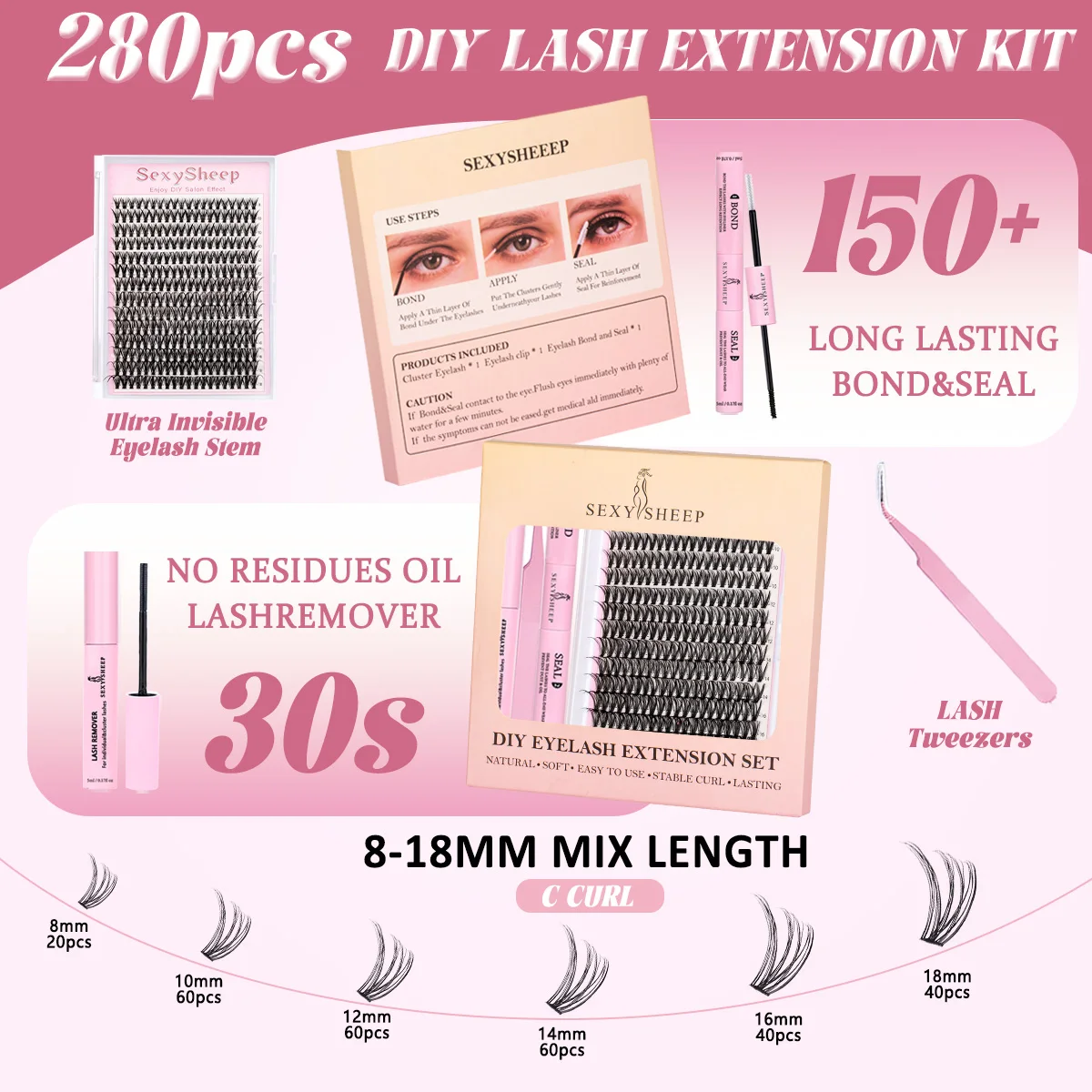 ISEEN لتقوم بها بنفسك لاش تمديد عدة لينة لاش الرموش الفردية عدة مع لاش السندات وختم وملاقط لاش مزيل الرموش