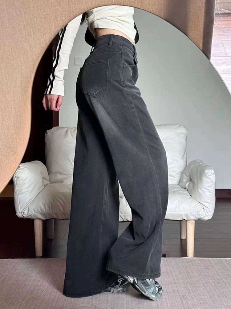 Pantalones vaqueros holgados hasta el suelo, color negro y gris, Retro, para ir al trabajo, versátiles, de pierna recta, elegantes, informales, de cintura alta