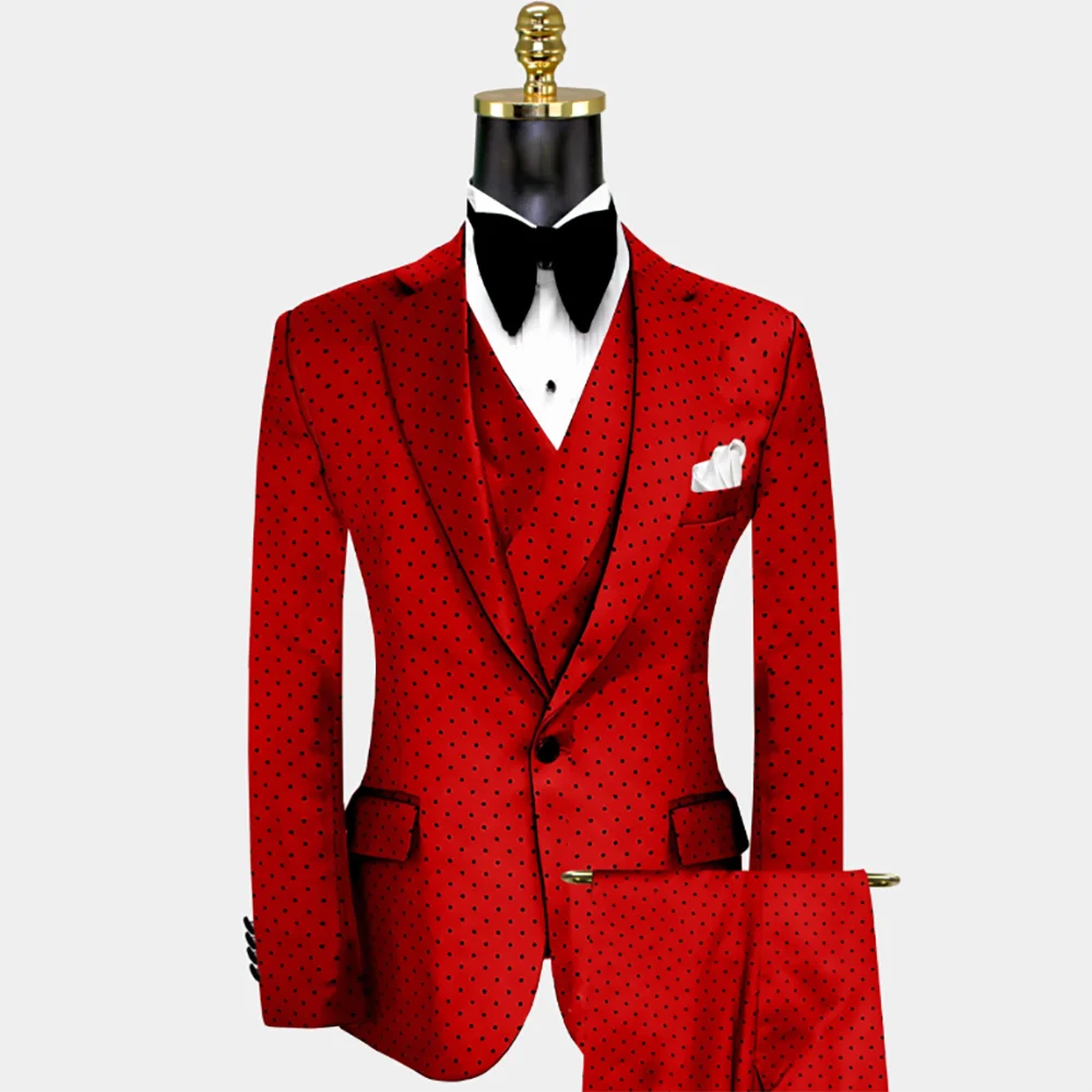

Luxury Men's Red Polka Dot Suit Set Single Breasted Notch Lapel Jacket+Vest+Pants 3 Piece Set Formal Evening Party Gentle Wear