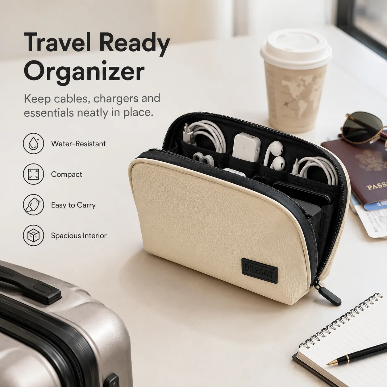 Waterproof Electronics Travel Organizer, Shockproof Cable Storage Bag for Chargers and Accessories