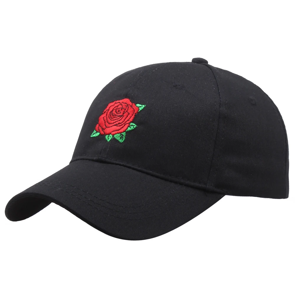Black Cotton Rose Embroidery Baseball Cap Hip Hop Snapback Hat for Men Women