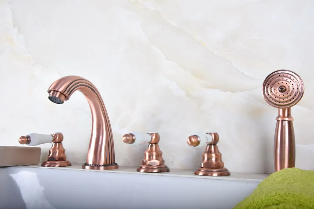 

Antique Red Copper Brass Three Levers Handles Deck Mounted 5 Holes Bathroom Tub Faucet Mixer Tap With Handshower mtf189