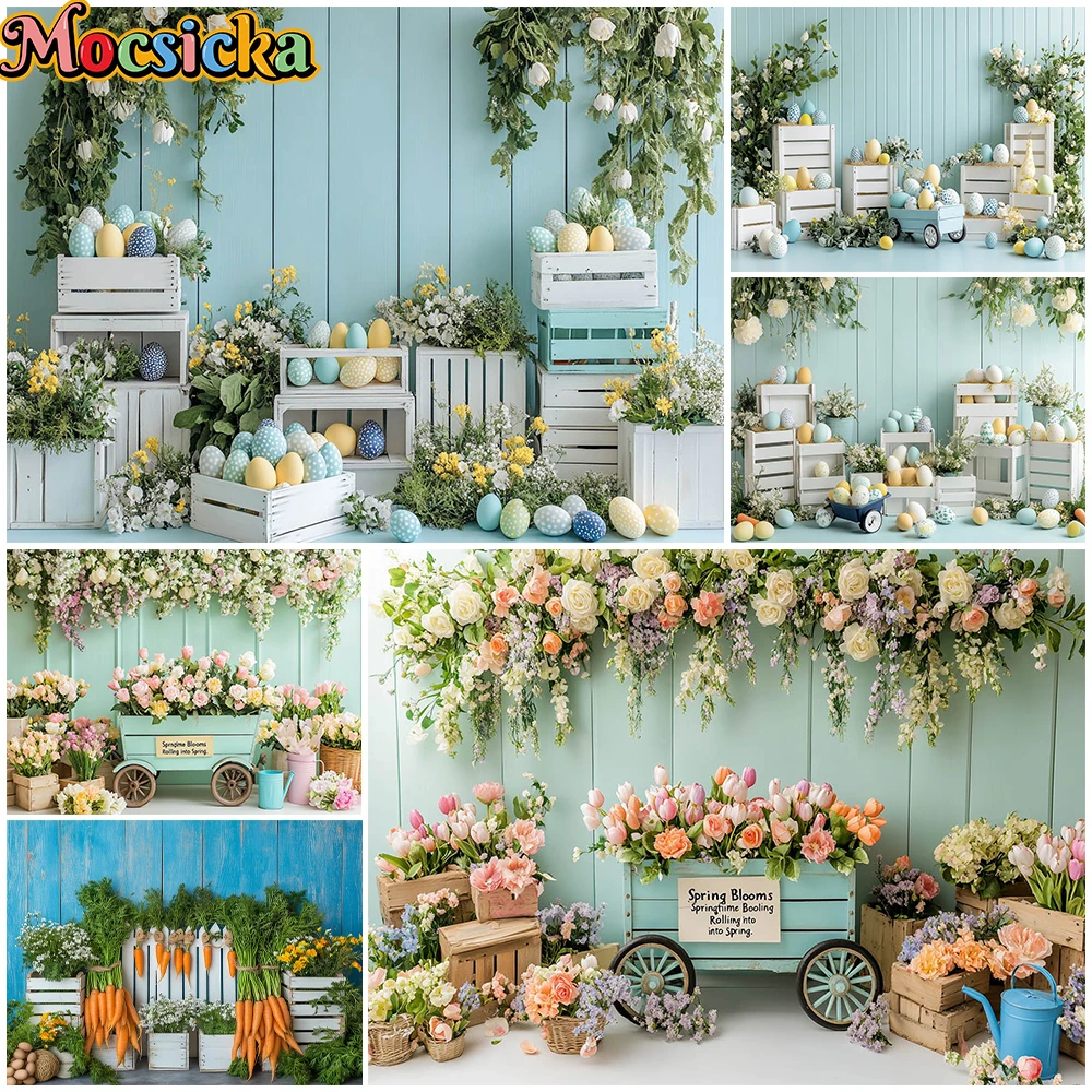 Mocsicka Spring Background Photography Carrot Flower Blue Green Wood Board Wall Party Decor Birthday Easter Egg Backdrop Studio