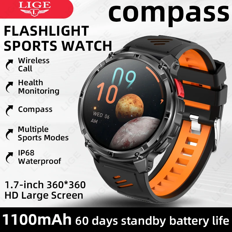 

Смарт-часы LIGE 2026: Новинка, аккумулятор 1100 мАч, большой экран 1,7 дюйма, звонки, водонепроницаемость 5ATM, спортивные функции, для мужчин