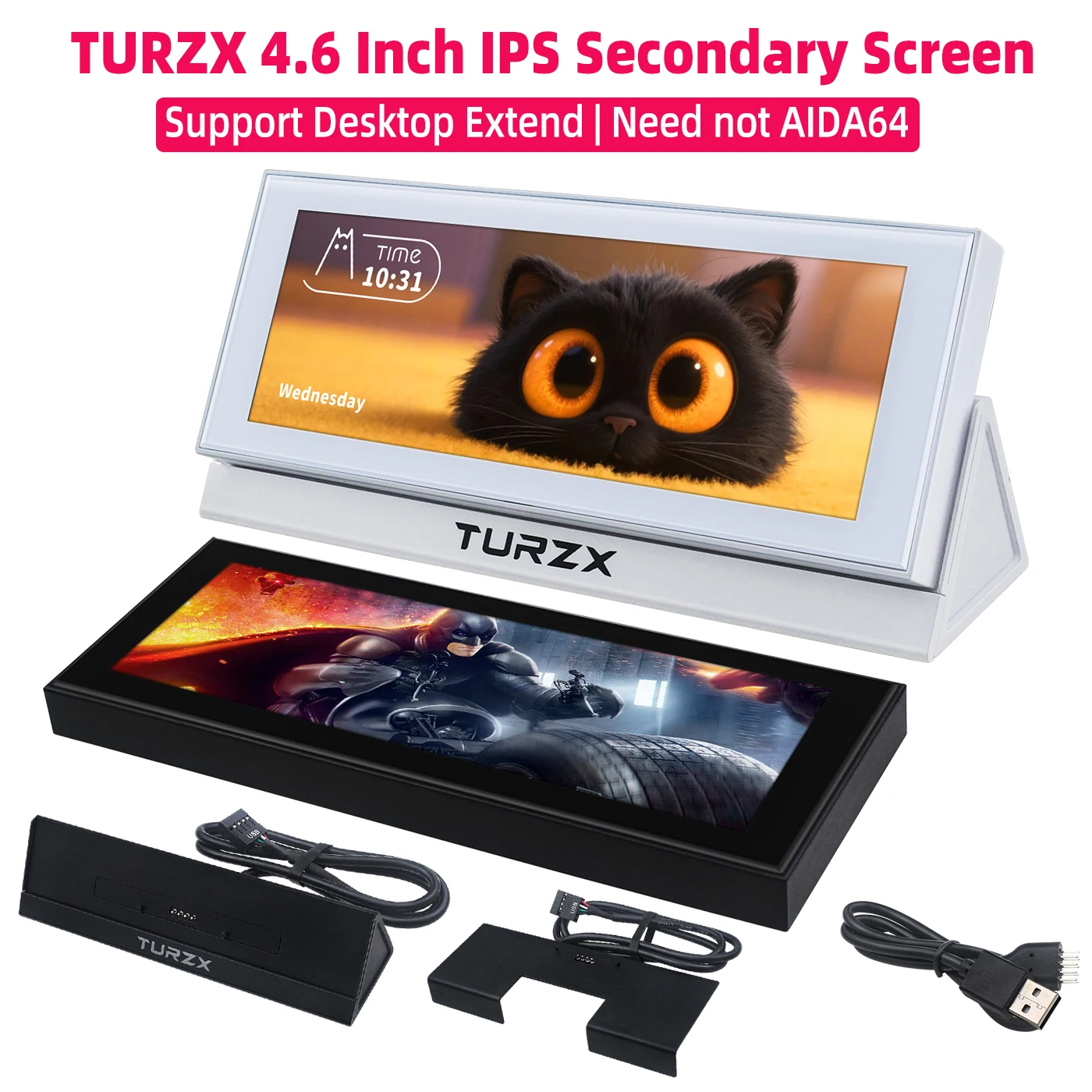 TURZX 4.6 Inch USB Secondary Screen 960*320 IPS LCD Support Desktop Extend Mode Chassis Sec Display PC Monitor NO AIDA64
