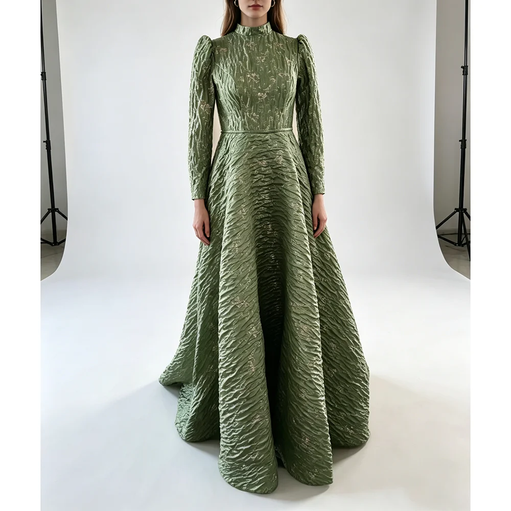 Green Textured Jacquard Evening Gown High Neck Long Sleeve A-Line Formal Dress for Women view 2