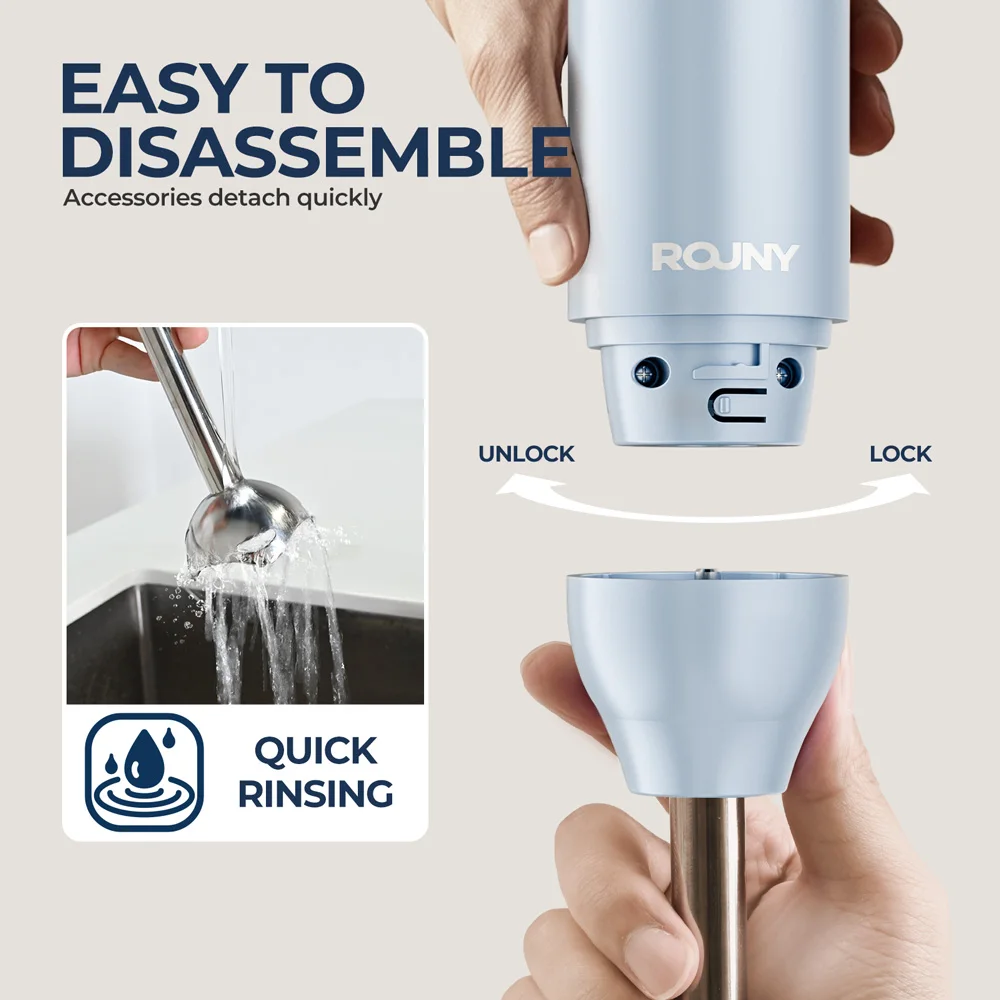 خلاط يدوي، خلاط يدوي غاطس مع شفرات من الفولاذ المقاوم للصدأ لخلط طعام المطبخ، أزرق فاتح، أساسي كلاسيكي