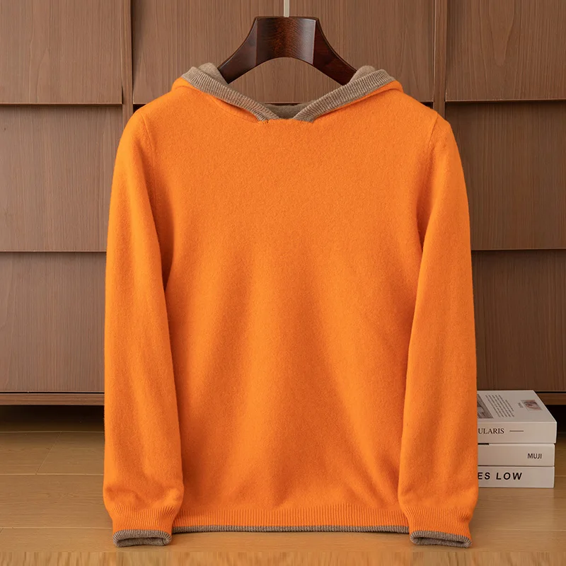 Winter Men's Hooded 100% Pure Wool Loose Thick Sweater Color Matching Knitted Cashmere Bottoming Shirt