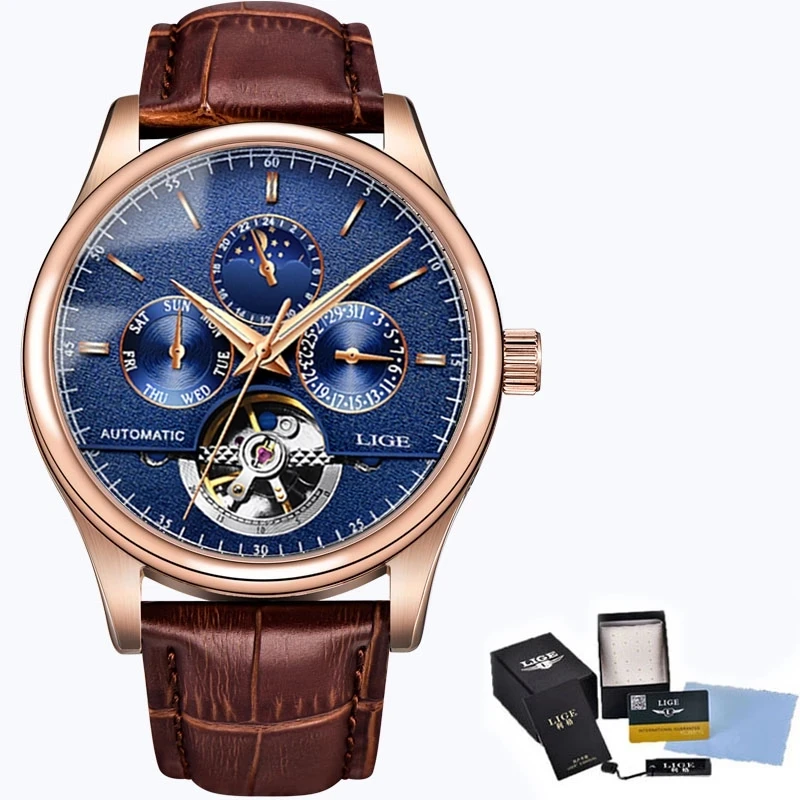 LIGE Men Mechanical Watch Top Brand Luxury Automatic Watch Leather Waterproof Sports Moon Phase Wristwatch Relogio Masculino+Box