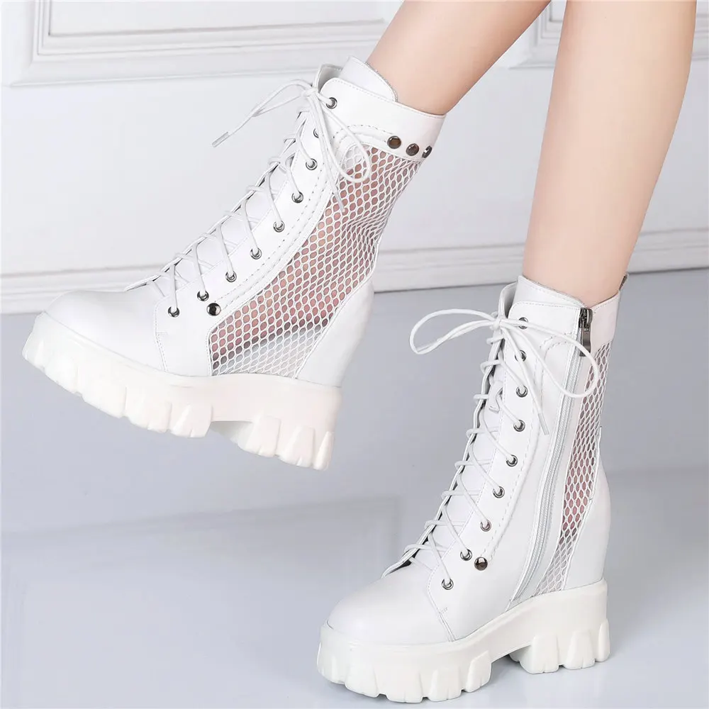 Summer Pumps Women Genuine Leather High Heel Gladiator Sandals Female High Top Round Toe Platform Fashion Sneakers Casual Shoes