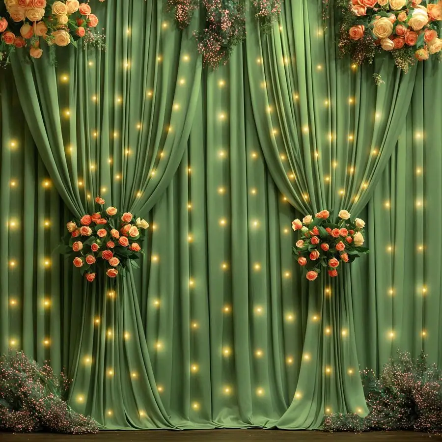 

Olive Green Backdrop Curtains with Lights Wrinkle Free Fabric Backdrop Curtain for Wedding Birthday Party Baby Shower Photo Shoo