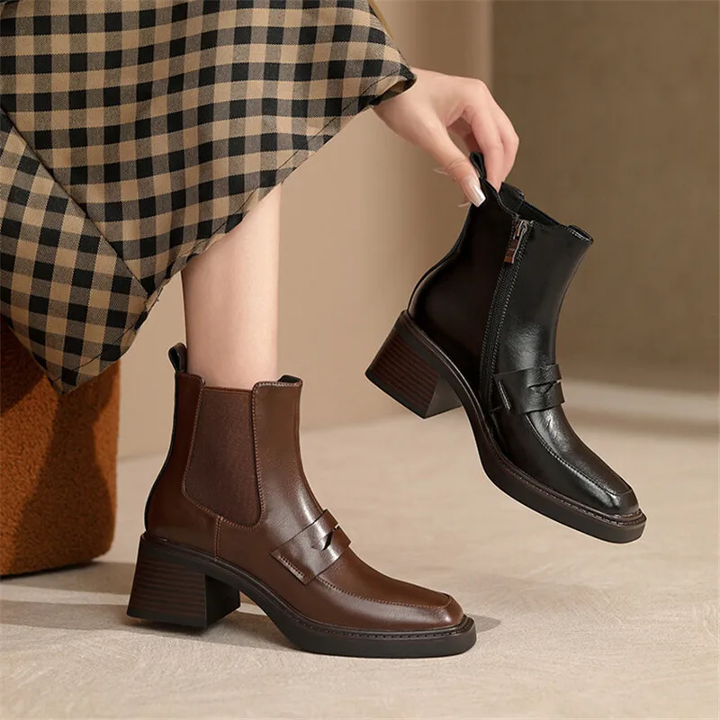 

2023 New Autumn Split Leather Women Boots Square Toe Chunky Heel Boots for Women Winter Fashion Ankle Boots Knight Boots Women