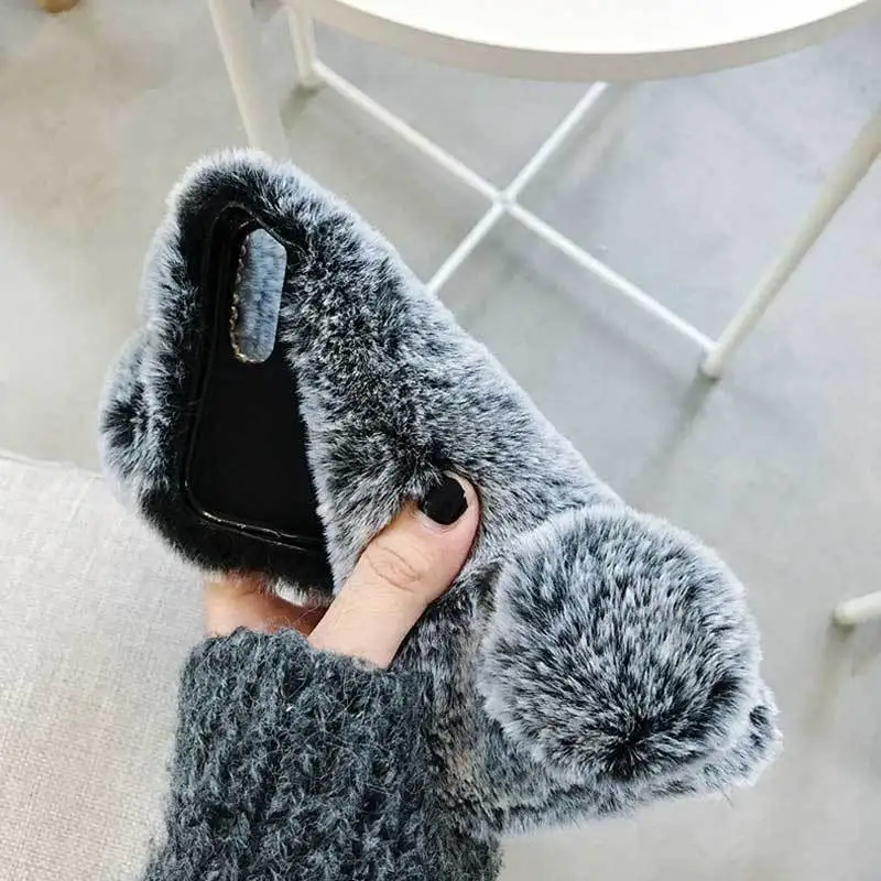 3D Cute Rabbit Ears Furry phone case For iPhone 5S 6 7 8 Plus X XR XS MAX 11 Pro Hairy Warm For Samsung S8 S9 S10 Note10 9 Cover