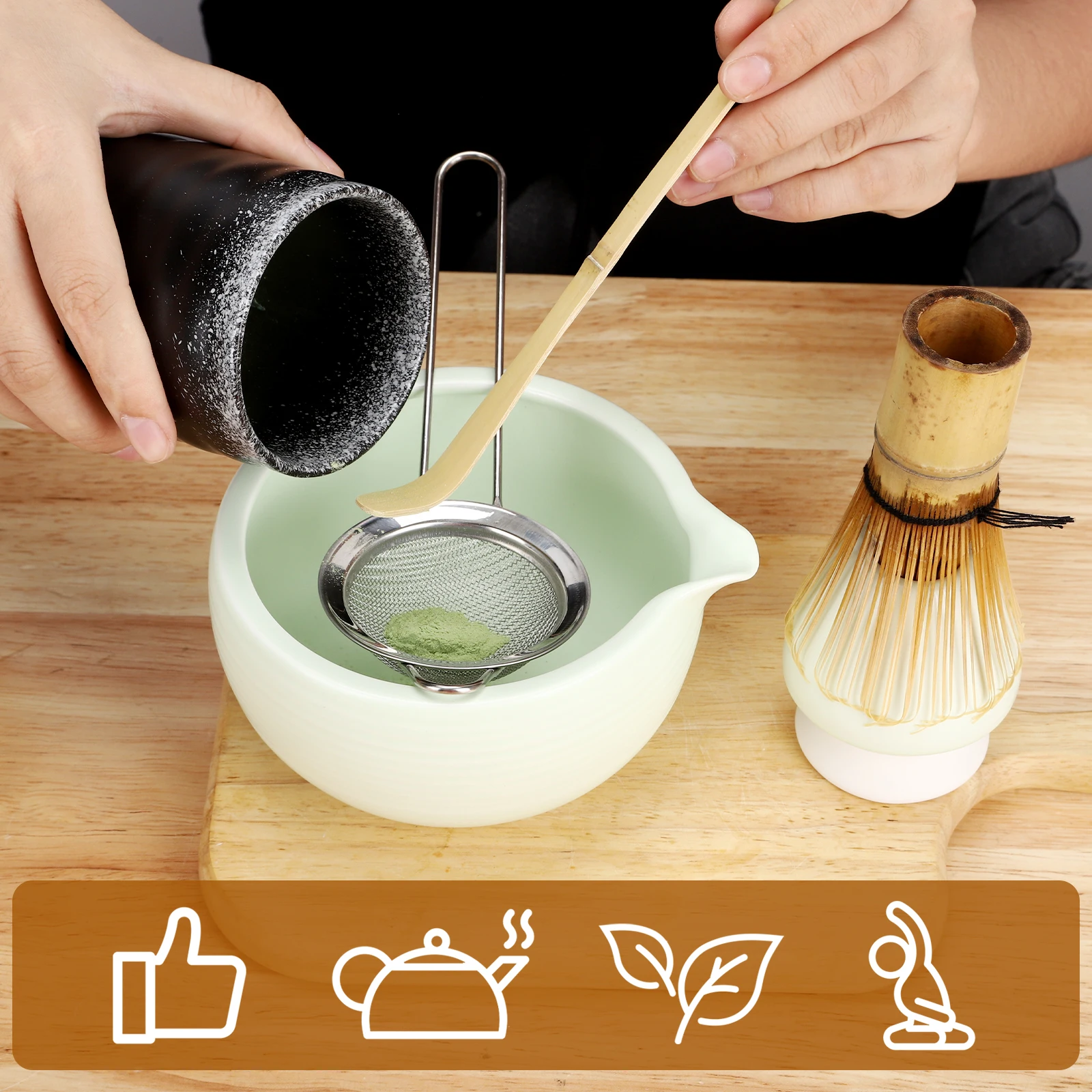 Matcha mixing tool with stainless steel sieve ceramic bowl bamboo brush to make matcha set