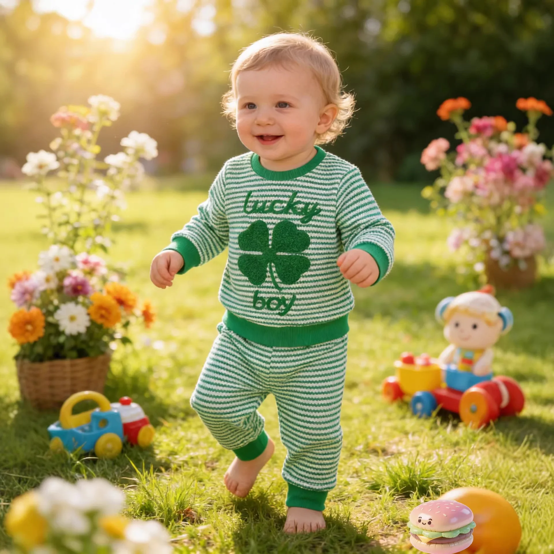gender-neutral four-leaf clover towel embroidered green striped trousers set