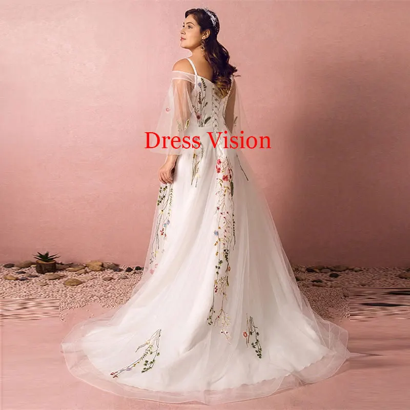 V คอปิดไหล่พัฟแขนเสื้อชุดแต่งงานลูกไม้ Appliques A-Line Sweep Train Lace-Up Back Robe De Mariée vestidos