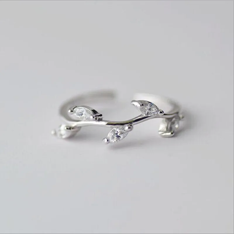 Genuine 925 Sterling Silver Jewelry Korean Version Of The Beautiful Tree Branches Open Crystal Rings    R064