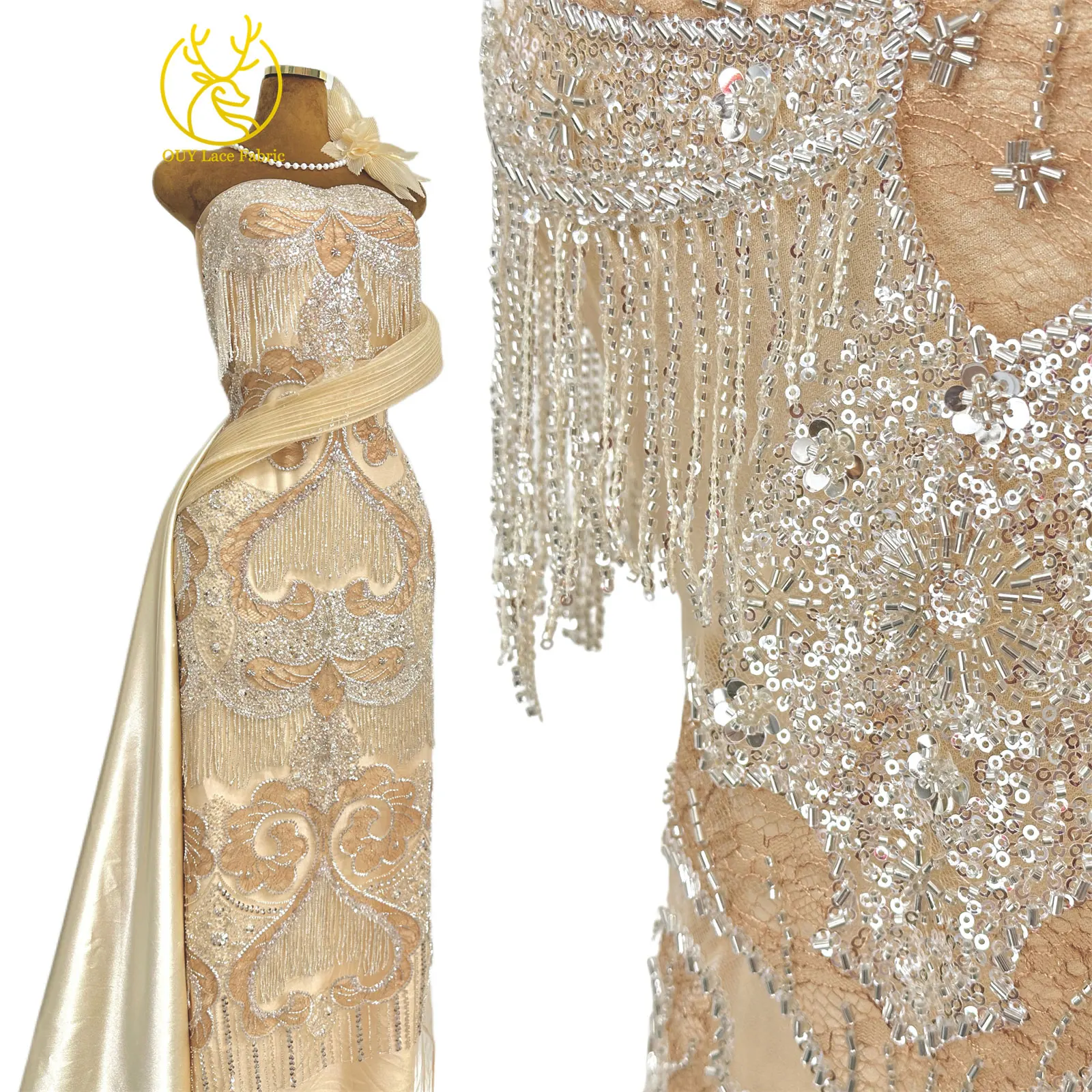 Goldene französische 3D-Laser-Quasten-Perlen-Spitze, luxuriöser afrikanischer Pailletten-Spitzenstoff, nigerianischer Mesh-Spitzenstoff für Damen-Hochzeiten – Detail 5