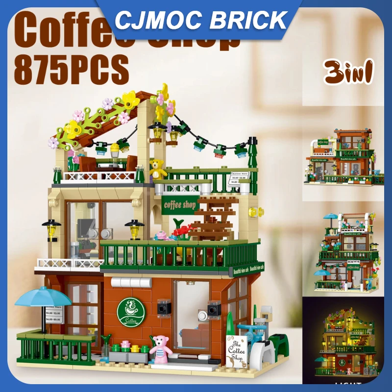 

875PCS 3IN1 Coffee Shop Street View Bricks Toys With Light Assembly House Building Blocks Ornaments Girls Adult Holiday Gifts