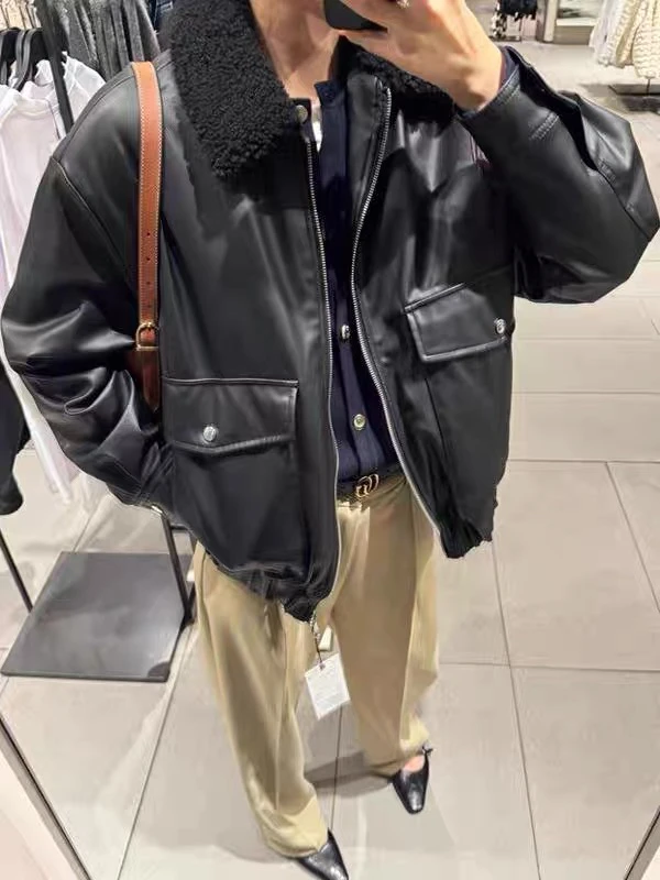 가을 겨울 신상 여성 인조 가죽 퍼 칼라 롱 슬리브 자켓 바이커 코트 스트리트 스타일 루즈핏 지퍼 클로저