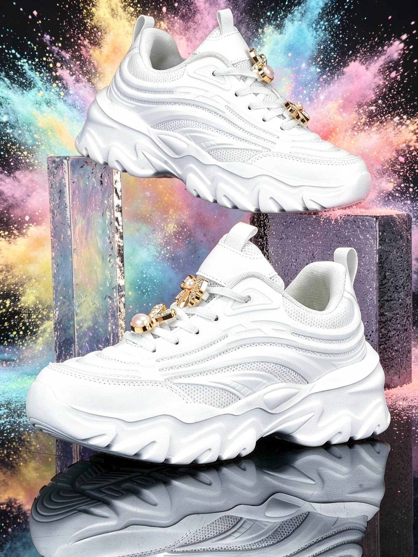 Women's 5cm Height-Increasing Thick-Soled Dad Shoes with Gold Rabbit Bow Decoration, Unique Design, White Casual Sports Shoes for All Seasons, Mesh Breathable, Soft Sole, Lightweight, Suitable for Daily Commuting, Versatile for Multiple Occasions, Trendy Sweet Girl Style, Sweet Women's Shoes