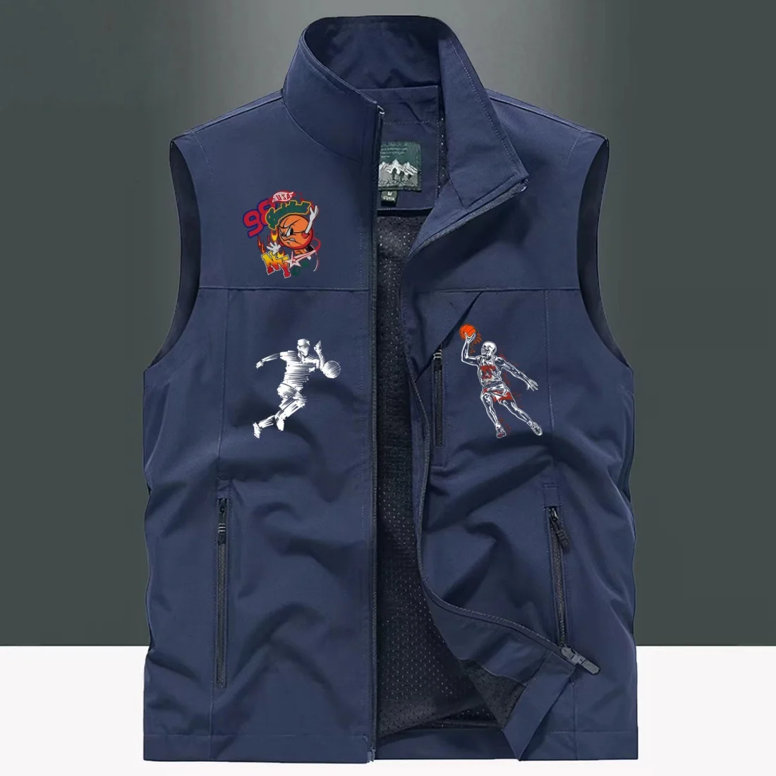 Men Stand Collar Sleeveless Vest Lightweight Breathable Sports Waistcoat Basketball Pattern Embroidery Casual Outdoor Running Gi