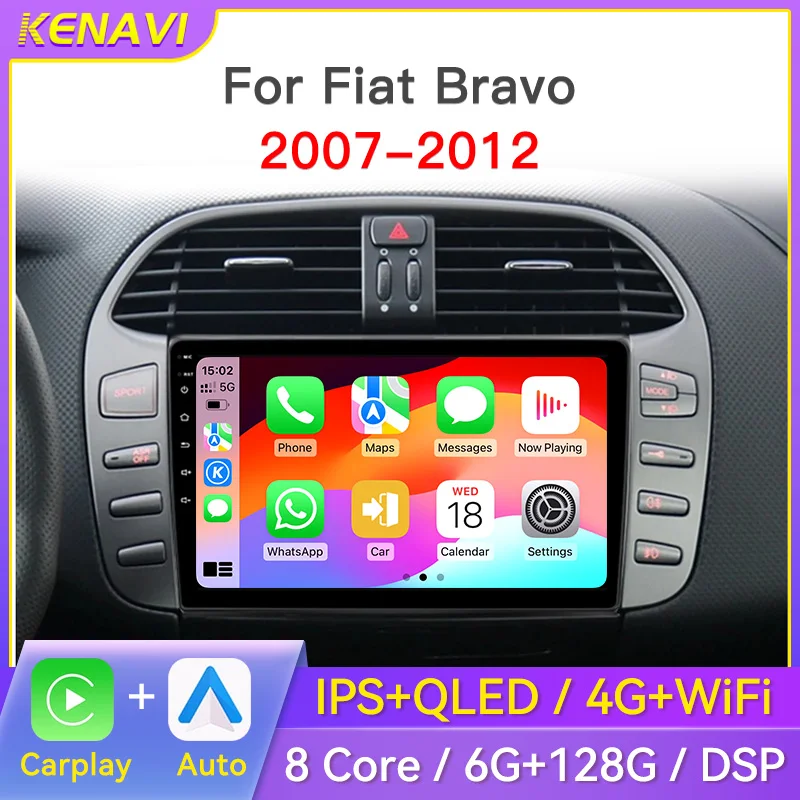 Автомобильный стерео радио для Fiat Bravo 2007-2012 Мультимедийный видеоплеер GPS Беспроводной Carplay Android Авто головное устройство 2 Din QLED Экран