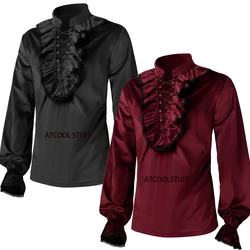 Vintage Men's Velvet Ruffle Shirts Medieval Victorian Blouse Long Sleeve Wine Red Lace Trim Steampunk Vampire Halloween Costume