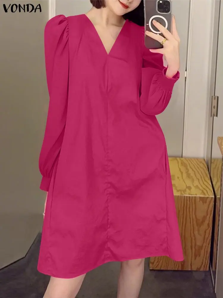 

Plus Size 5XL VONDA Elegant Party Dresses Women V-Neck Solid Long Sleeve Shirt Vestidos 2025 Autumn Puff Sleeve Mini Short Robe