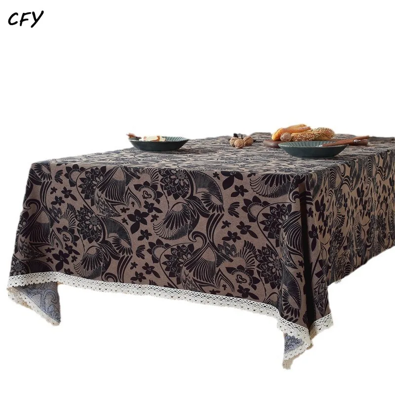 Cotton Linen Coffee Base Black Pattern Rectangular Table Cloth Kitchen Table Map Towel Tablecloth Decoration