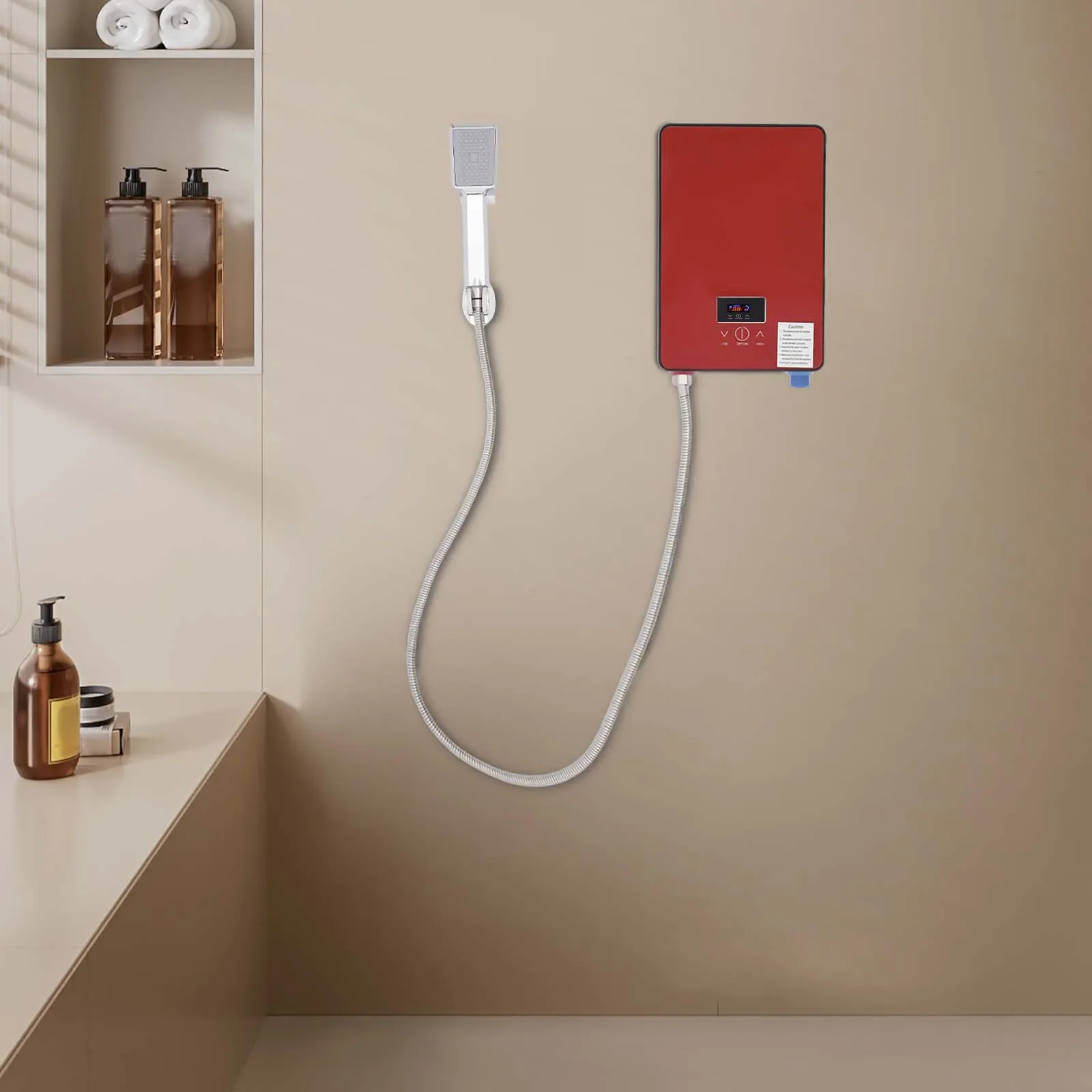 Safe Red Electric Water Heater With 10+ Protections-IPX24 Waterproof&86-131℉ Intelligent Constant Temperature LED Touch Control
