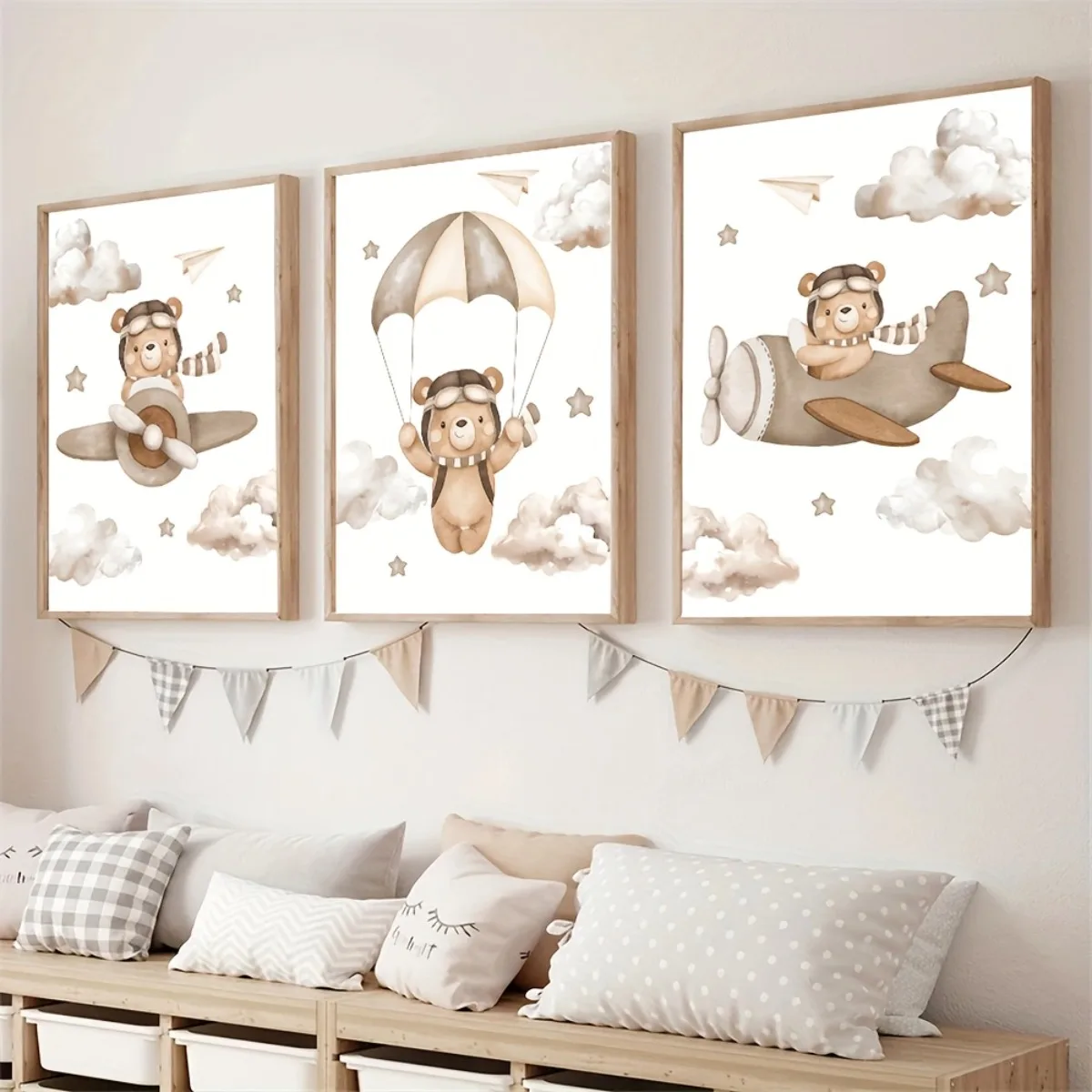 3PCS--3pcs/set Cartoon Animal Themed Canvas Print Poster Bears Parachute Clouds Abstract Art Print Bedroom Nursery Wall Art H