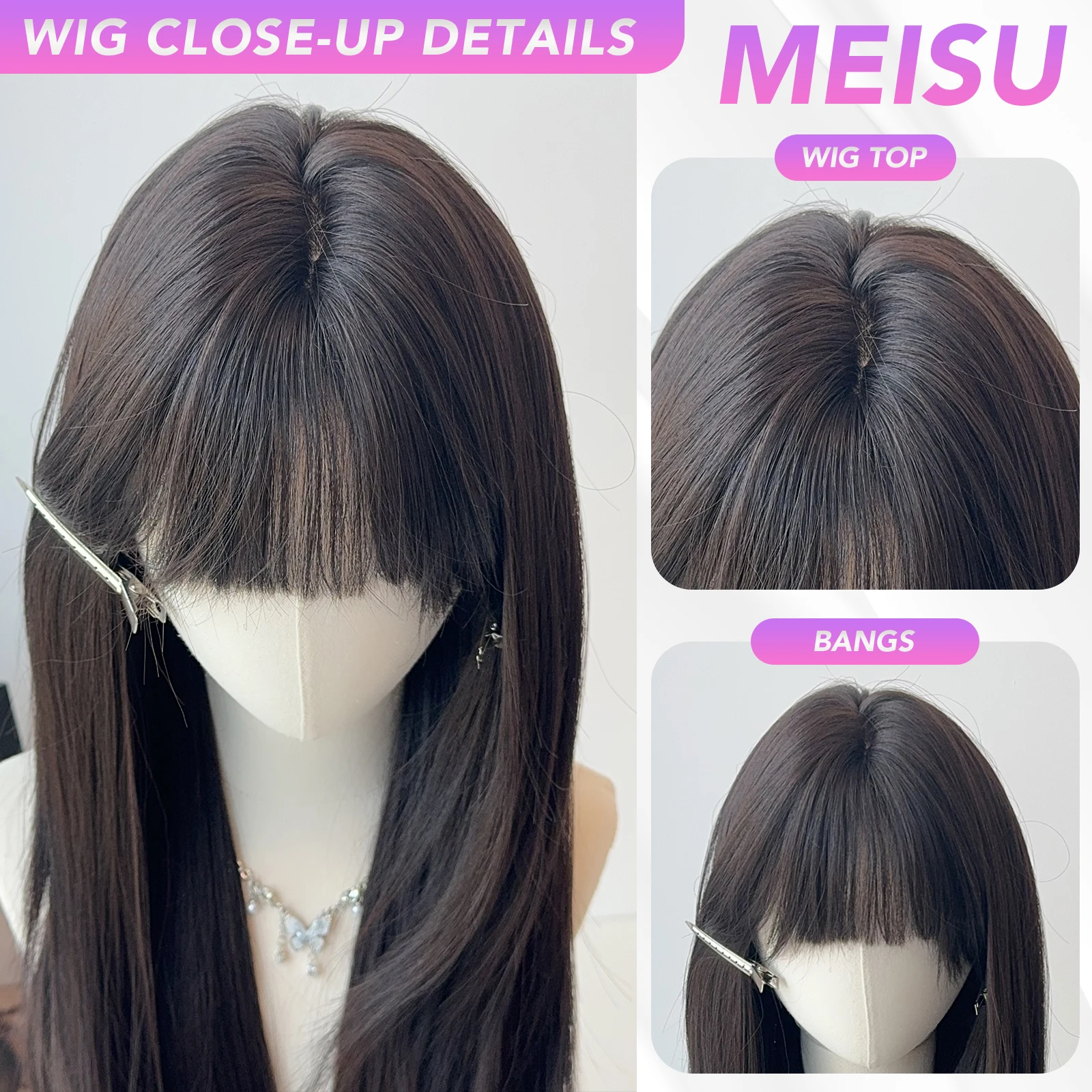 MEISU 26 بوصة الاصطناعية شعر مستعار مستقيم الانفجارات الهوائية الشعر بني داكن مقاومة للحرارة الطبيعية وسلسة ارتداء اليومي للنساء