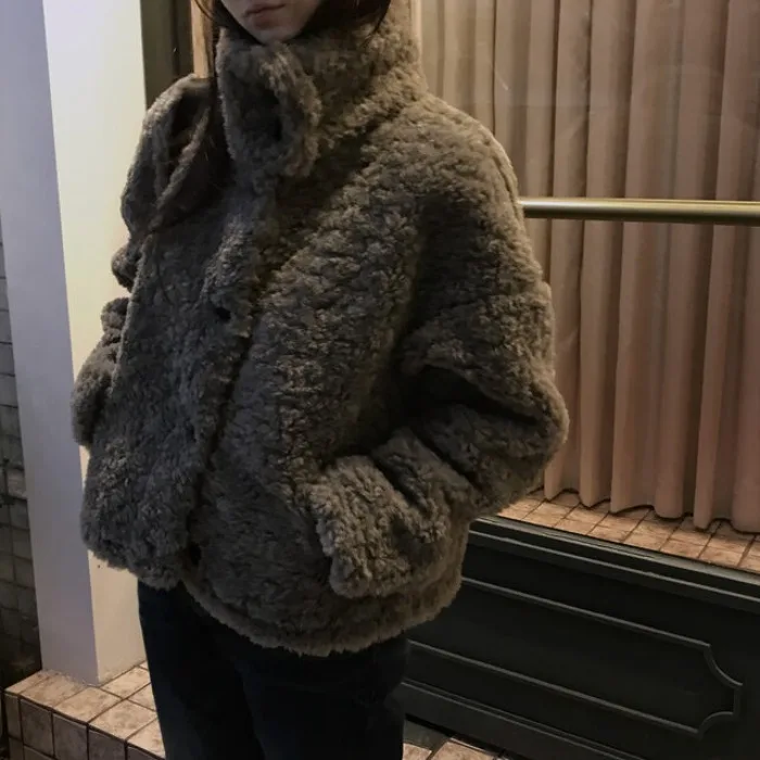 

Шикарное женское пальто из меха ягненка свободного кроя с воротником-стойкой, теплое осенне-зимнее пальто Sli College Sle Age-Defng Top