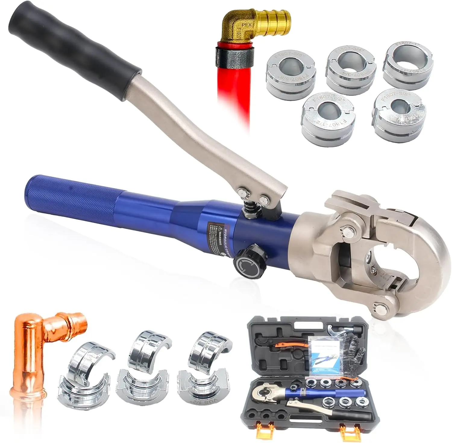 

Гидравлический инструмент для обжима медных труб с насадками 1/2, 3/4 и 1 дюйм для ремонта медных труб ProPress (в комплекте 2 набора матриц)