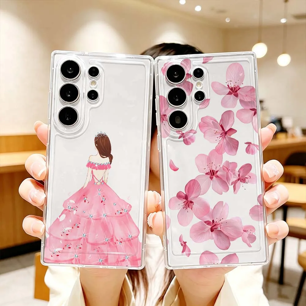 Stylish Pink Floral Phone Case For Samsung Galaxy S26 S25 S24 S23 S22 S21 S20 Ultra Plus FE Pro 5G Transparent Cover