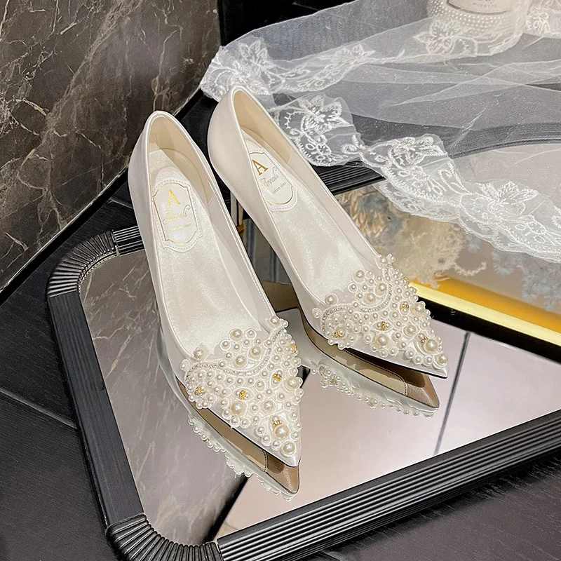 

White Wedding Shoes for Bride Pointed Toe High Heels Rhinestone Pearl French Satin Bridal Party Shoes