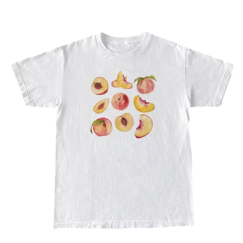 Vintage Peaches Printed Graphic Tees Women Cute Cottagecore Aesthetic T-Shirts Short Sleeve Female R