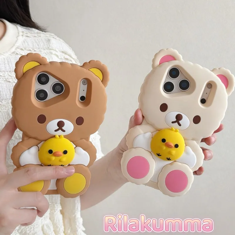 3D Rilakkuma Bär Enten-Umarmung Silikon Handyhülle Weiche Stoßfeste Niedliche Cartoon-Hülle für iPhone 17 17Pro 16 15 14 13 Pro Max