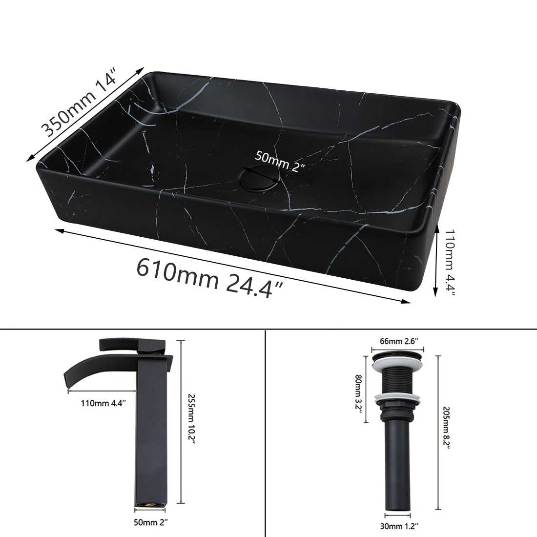 Square Porcelain Countertop Washbasin Faucet Ceramics Bathroom Vessel Sink Set Pop Up Drain Combo Modern Basin Kit
