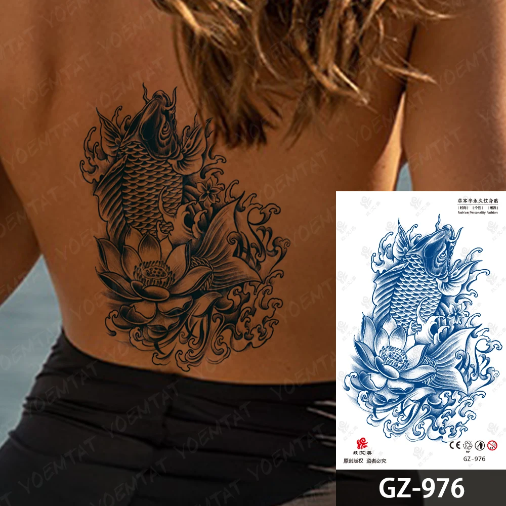 Semi-Permanent Chinese Phoenix Carp Waterproof Temporary Tattoo Stickers Juice Ink Lasting Herbal Fake Back Tattoos Women Men