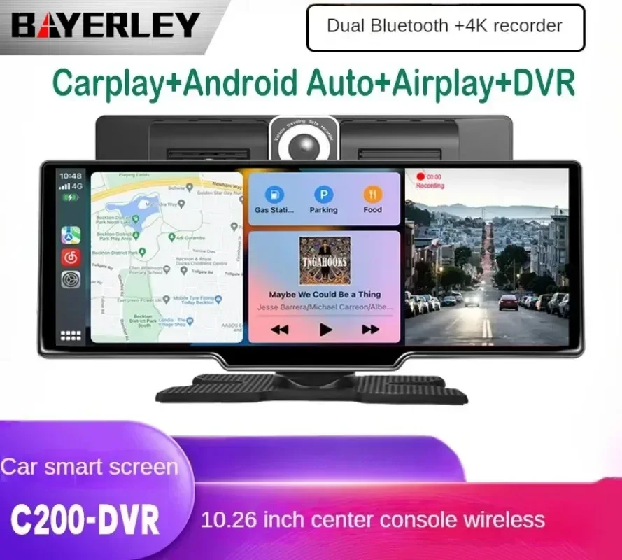 

Bayerley C200-DVR 10,26 дюйма, Автомобильная GPS-навигация, Bluetooth, автомобильный mp5-плеер, дисплей, беспроводной, для Carplay, зеркальный сенсорный экран Multimedi