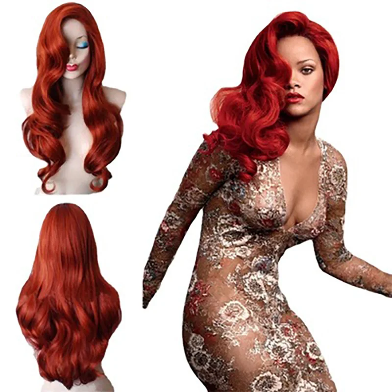 Jessica Rabbit Wavy Long Copper Red Hair Little Mermaid Princess Ariel Heat Resistant Cosplay Costume Wig