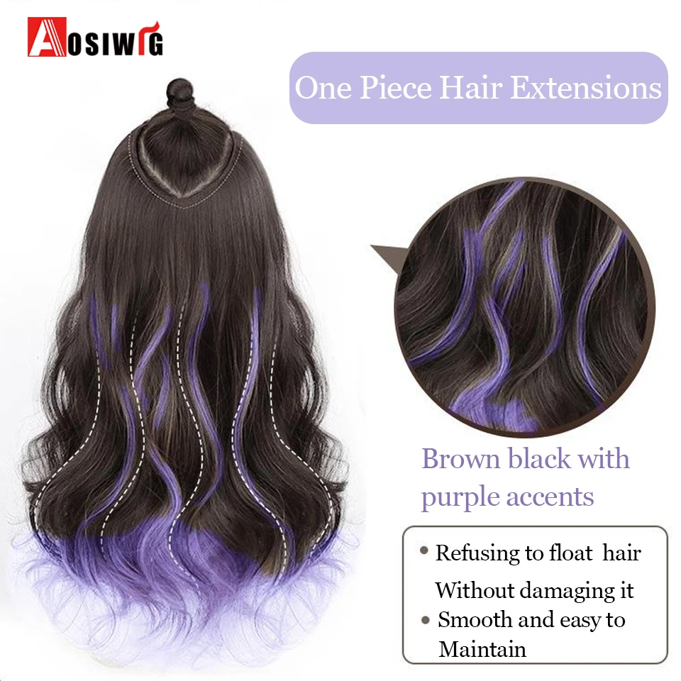 Extensions de Cheveux Synthétiques Longs et Ondulés Bouclés, Postiche, Coiffures, Noir Surligné Violet, 5 Clips, Degré de Chaleur Ombre pour