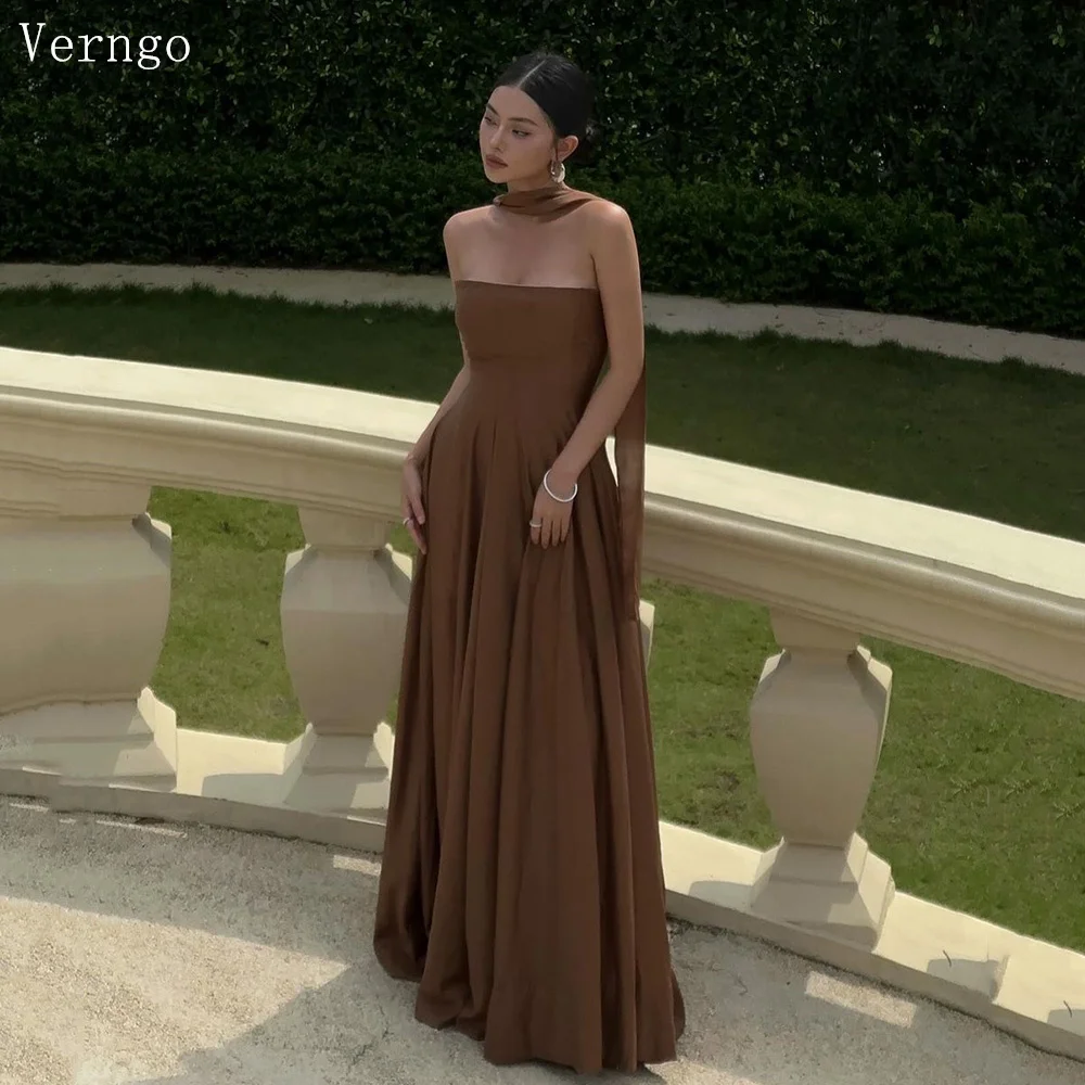 

Verngo Brown Chiffon Prom Gown Strapless A-line Evening Dress For Women Simple Elegant Prom Party Dress 2024