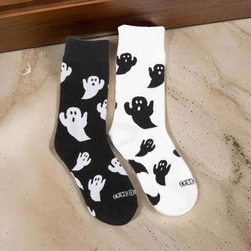 Halloween Party Essential Ghostly Pattern Middle Calf Socks Soft and Breathable Cotton Stockings for Costume Parties 15UB